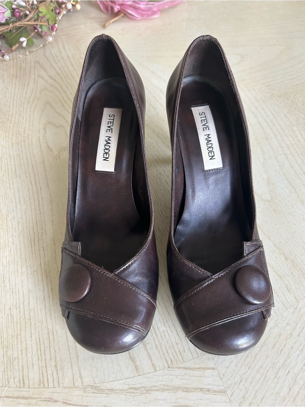 Steve Madden Dark Brown Leather Button-Accent Pumps